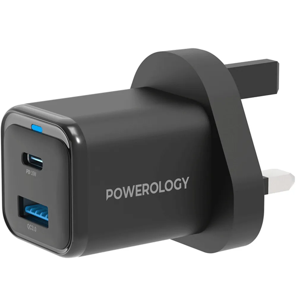 شارژر 35 وات 2 پورت پاورلوژی با کابل تایپ C به لایتنینگ مدل PWCUQC021