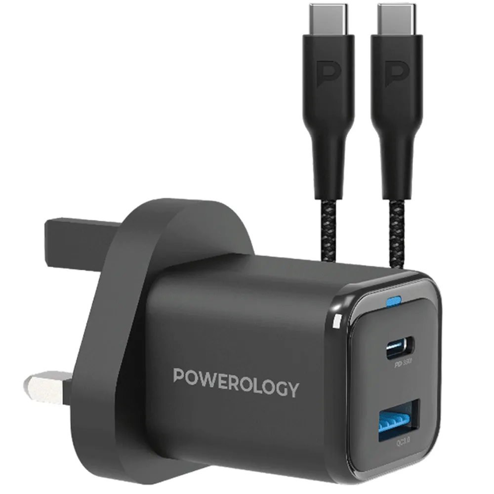 آداپتور شارژ 2 پورت 35 وات با کابل دو سر تایپ سی پاورولوژی مدل PWCUQC023-C